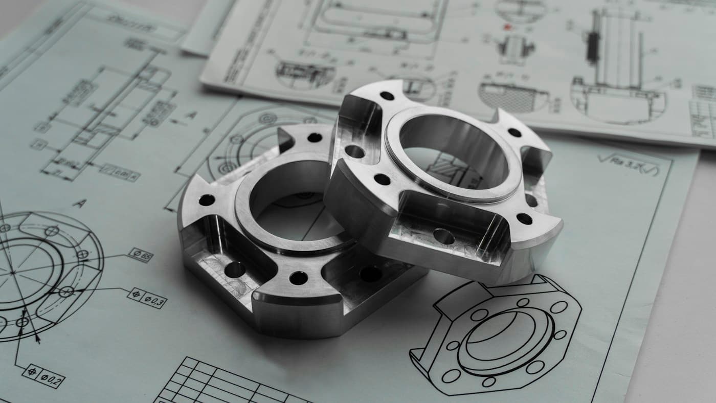 Machined mechanical parts lying on dimensioned engineering drawings